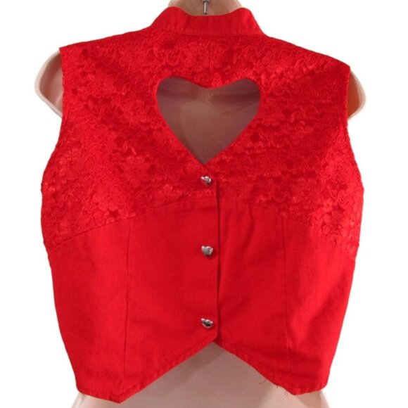 Vintage Banjo Red Heart Cut Out Buttons Crop Top Lace Accent USA Made Ladies M - Picture 2 of 16